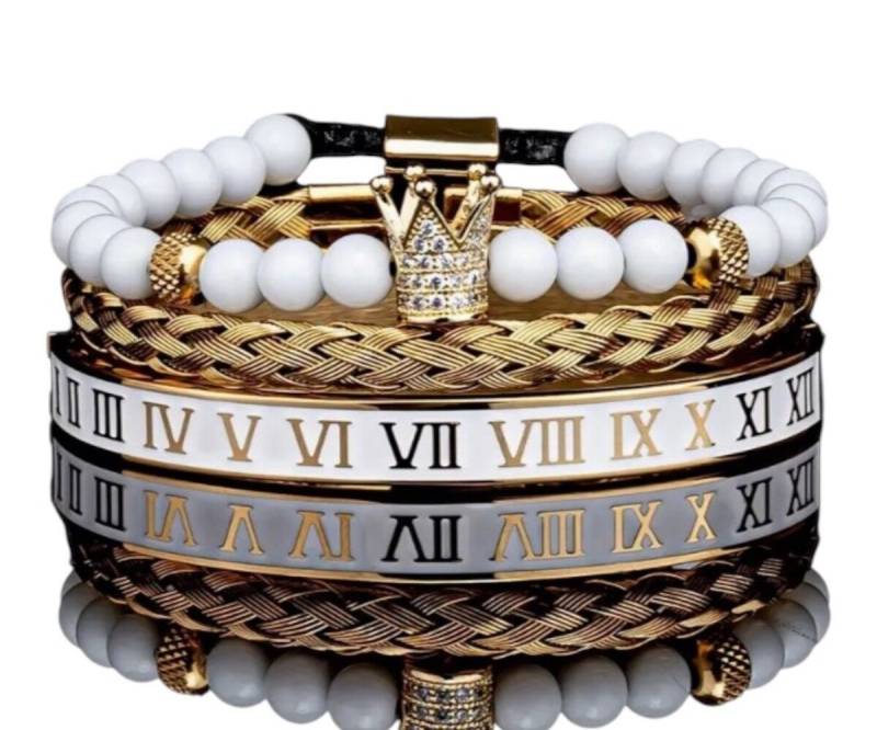 Lale Collection® Armband Set Herren Armband-Set-Edelstahl Schwarz-Gold-Silber Schmuck Armreif, Römische Ziffern, Perle, Krone, Fashion, Style, Armband von Lale Collection®