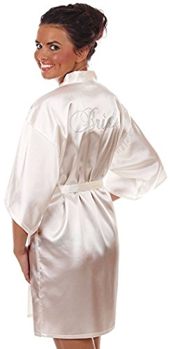 Braut Bademantel, BRIDE, mit Strasssteinen, Glitzer, Gr. 36-42, weiß, Satin, Morgenmatel glänzend, kurz Hochzeit Geschenk Hochzeitsgeschenk von Lalia