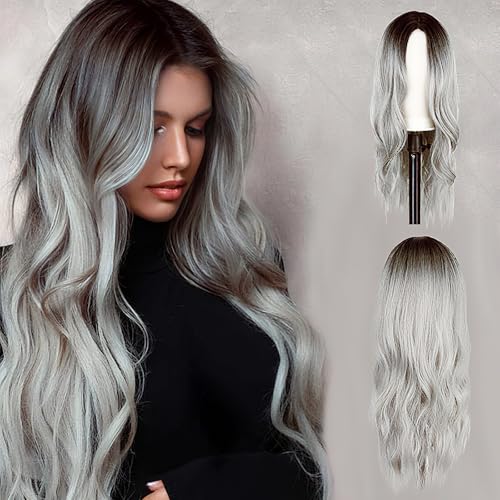 Halloween Perücke Damen, 75cm Ombre Grau Lang Wellig Perücken für Halloween Kostüm Damen Vampir Hexen Cosplay Wig Party (Braun) von Lalieffacely