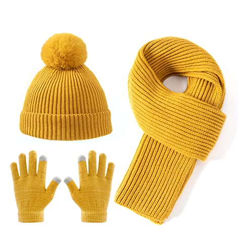 Lallier 3-teiliges Kinder-Set mit Mütze, Schal und Schneehandschuhen, Winter-Strickmütze, warme, weiche Pom-Pom-Mütze für Jungen, Mädchen und Kleinkinder (Gelb) von Lallier