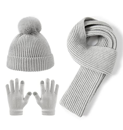 Lallier 3-teiliges Kinder-Set mit Mütze, Schal und Schneehandschuhen, Winter-Strickmütze, warme, weiche Pom-Pom-Mütze für Jungen, Mädchen und Kleinkinder (Grau) von Lallier