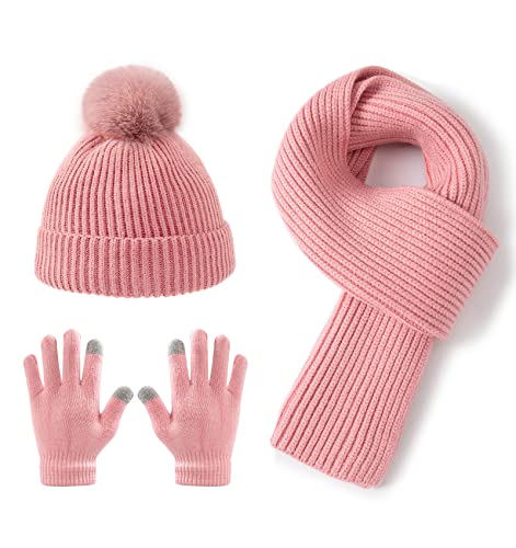 Lallier 3-teiliges Kinder-Set mit Mütze, Schal und Schneehandschuhen, Winter-Strickmütze, warme, weiche Pom-Pom-Mütze für Jungen, Mädchen und Kleinkinder (Rosa) von Lallier