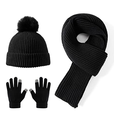 Lallier 3-teiliges Kinder-Set mit Mütze, Schal und Schneehandschuhen, Winter-Strickmütze, warme, weiche Pom-Pom-Mütze für Jungen, Mädchen und Kleinkinder (Schwarz) von Lallier