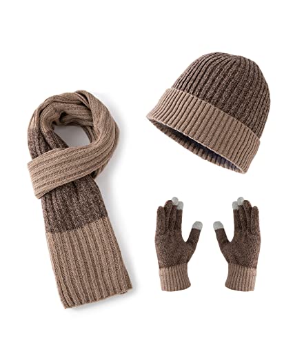 Lallier Winter 3-teiliges Herren Wolle Mütze Schal Handschuhe Set, Warmes Beanie Skull Cap Schal Thermohandschuh Set für Herren, Braun von Lallier