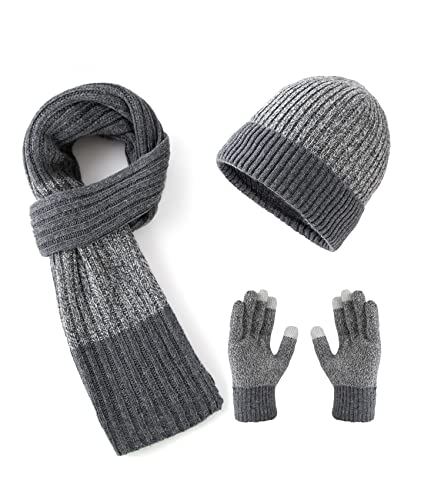 Lallier Winter 3-teiliges Herren Wolle Mütze Schal Handschuhe Set, Warmes Beanie Skull Cap Schal Thermohandschuh Set für Herren, Grau von Lallier