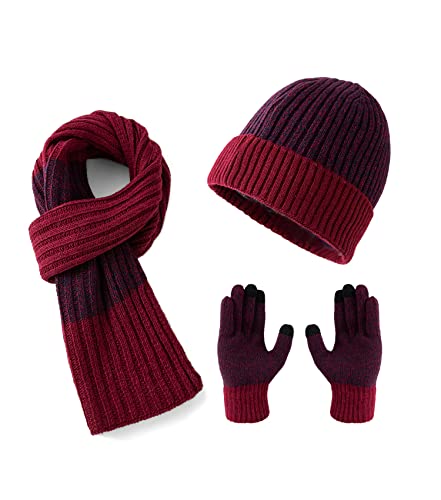 Lallier Winter 3-teiliges Herren Wolle Mütze Schal Handschuhe Set, Warmes Beanie Skull Cap Schal Thermohandschuh Set für Herren, Rot von Lallier