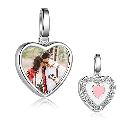 Foto Charms Silber 925 Personalisierte Foto Perle mit Ihrem Erinnerung Bild European Foto Bead Charms Fit Halskette Pandora Armband Geschenk Zum Geburtstag Xmas Baby Andenken (Silber-Herz-Anhänger) von Lam Hub Fong