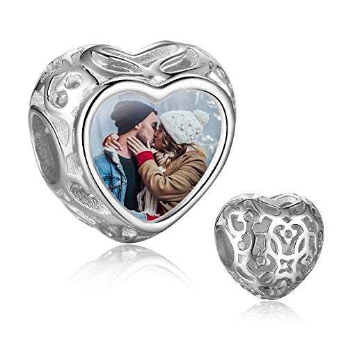 Foto Charms Silber 925 Personalisierte Foto Perle mit Ihrem Erinnerung Bild European Foto Bead Charms Fit Halskette Pandora Armband Geschenk Zum Geburtstag Xmas Baby Andenken (Silber-Herz-Aushöhlen) von Lam Hub Fong