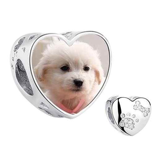 Foto Charms Silber 925 Personalisierte Foto Perle mit Ihrem Erinnerung Bild European Foto Bead Charms Fit Halskette Pandora Armband Geschenk Zum Geburtstag Xmas Baby Andenken (Silber-Herz-Form-Pet) von Lam Hub Fong