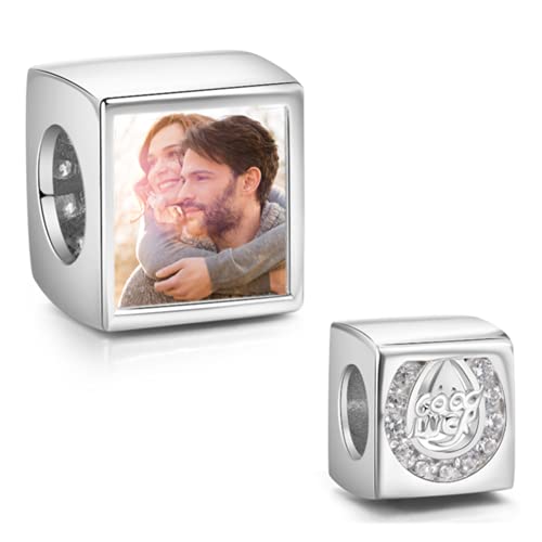 Foto Charms Silber 925 Personalisierte Foto Perle mit Ihrem Erinnerung Bild European Foto Bead Charms Fit Halskette Pandora Armband Geschenk Zum Geburtstag Xmas Baby Andenken (Silber-Quadrat) von Lam Hub Fong