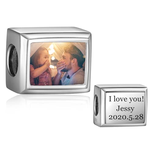 Foto Charms Silber 925 Personalisierte Foto Perle mit Ihrem Erinnerung Bild European Foto Bead Charms Fit Halskette Pandora Armband Geschenk Zum Geburtstag Xmas Baby Andenken (Silber-Rechteck-Text) von Lam Hub Fong