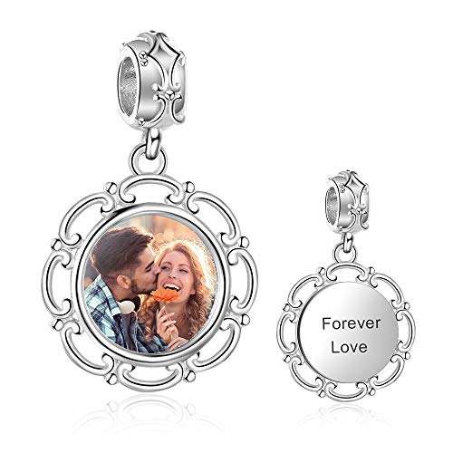 Foto Charms Silber 925 Personalisierte Foto Perle mit Ihrem Erinnerung Bild European Foto Bead Charms Fit Halskette Pandora Armband Geschenk Zum Geburtstag Xmas Baby Andenken (Silber-Rund-Anhänger) von Lam Hub Fong