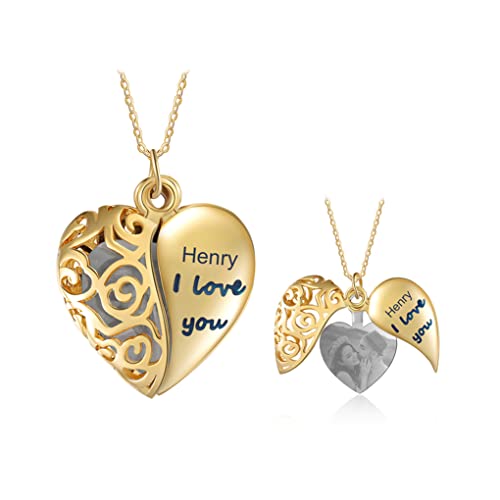 Herz Medaillon Kette Damen Personalisierte Herz Medaillon mit Foto Halskette Medaillon Foto Silber 925 Schmuck für Damen Feste Freundin Ehefrau Valentinstag Geburtstag Geschenk (Golden-1) von Lam Hub Fong