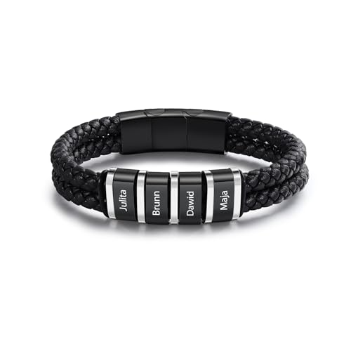 Lam Hub Fong Armband Herren Personalisiert Lederarmband mit Gravur 1-5 Namen Herrenarmband Leder Schwarz Anpassen Armband Geschenk für Vatertag Weihnachtsfeiertag Geburtstag von Lam Hub Fong