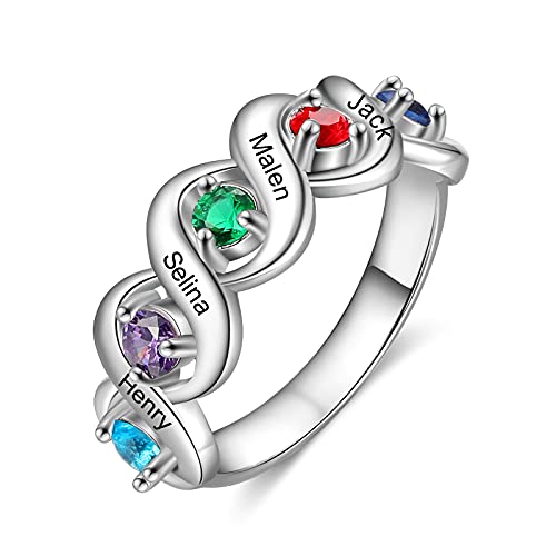 Lam Hub Fong Damen Ringe Silber 925 Personalisierter Mutterring mit 5 Namen Gravierte Ringe mit Geburtssteinen Ringe für Frauen Mutter Oma Geburtstag Weihnachts Geschenk (Größe 7-54) von Lam Hub Fong
