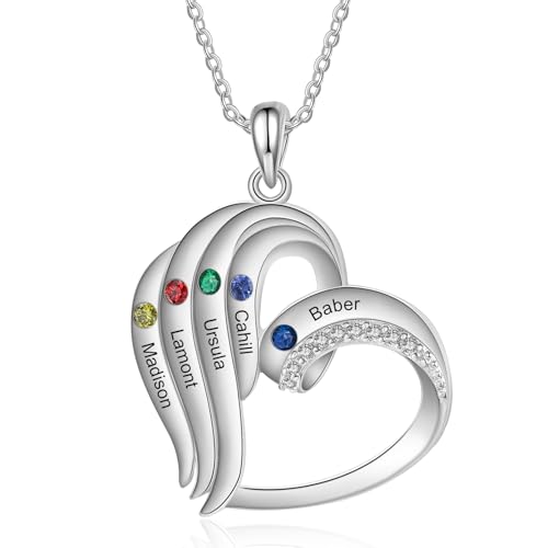 Lam Hub Fong Personalisiert Namenskette Herz Halskette mit 2-5 Namen Geburtsstein Kette Damen mit Gravur Mutter Schmuck Geschenke für Muttertag Weihnachtstag Geburtstage von Lam Hub Fong