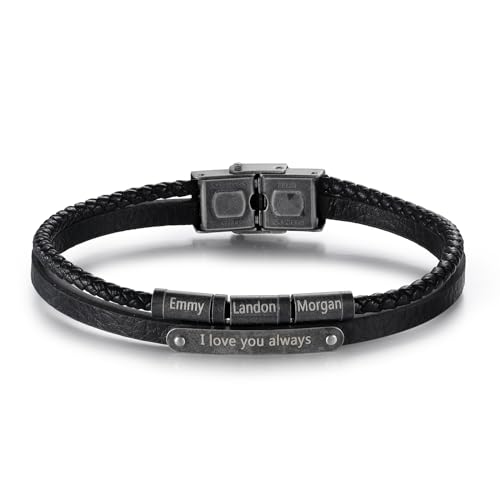 Lam Hub Fong Herren Lederarmband Personalisiert Armband mit 1-5 Namen Armband Männer Gravur Papa Familie Geschenk für Vatertag Weihnachtsfeiertag Geburtstag von Lam Hub Fong