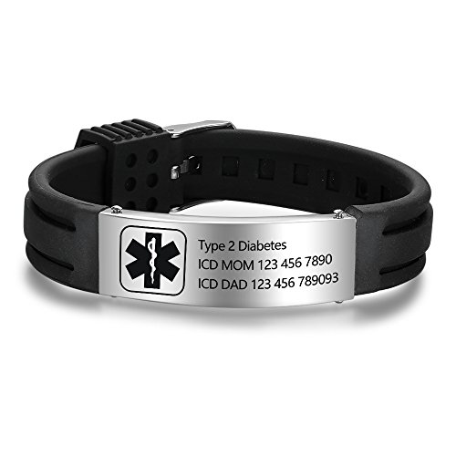 Lam Hub Fong Kostenlose Gravur 9 Zoll Silikon Einstellbare Medizinische Armbänder Sport Emergency ID Armbänder Für Männer Frauen Kinder wasserdichte Edelstahl Gummi Alarm Armbänder (Black) von Lam Hub Fong