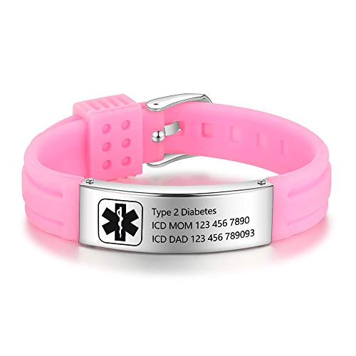 Lam Hub Fong Kostenlose Gravur Silikon Einstellbare Medizinische Armbänder Sport Emergency ID Armbänder Für Männer Frauen Kinder wasserdichte Edelstahl Gummi Alarm Armbänder (Pink) von Lam Hub Fong