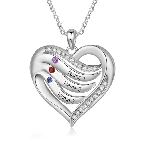 Lam Hub Fong Personalisiert Namenskette Herz Halskette mit 2-5 Namen Geburtsstein Kette Damen mit Gravur Mutter Schmuck Geschenke für Muttertag Weihnachtstag Geburtstage von Lam Hub Fong