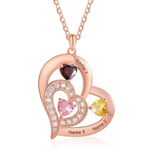 Lam Hub Fong Personalisiert Namenskette mit 1-6 Namen Geburtsstein Silber/Gold/Rose Kette mit Gravur Damen Mutter Tochter Kette Geschenke für Muttertag Weihnachtstag Geburtstage (Rose-3) von Lam Hub Fong