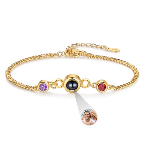 Lam Hub Fong Personalisierte Armbänder mit Bild innen für Frauen - Benutzerdefinierte Foto Armband mit 2 Birthstones für ihre Mutter Frau Freundin Paare Geschenke für Weihnachten Geburtstag (Gold) von Lam Hub Fong