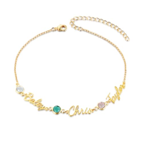Lam Hub Fong Personalisierte Damen Gold Fußkettchen mit 1-5 Namen Birthstone Geschenke für Damen Mama Oma Freundin BFF Tochter (3 NAME) von Lam Hub Fong