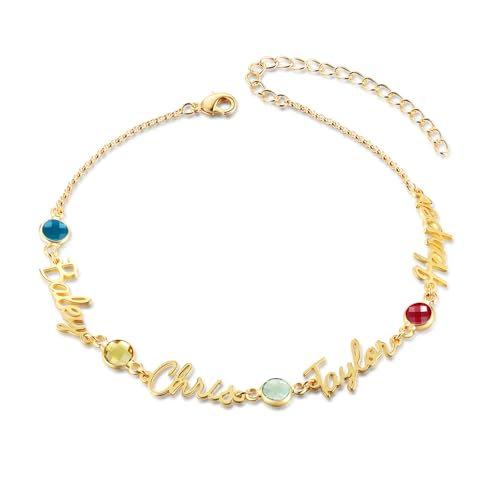 Lam Hub Fong Personalisierte Damen Gold Fußkettchen mit 1-5 Namen Birthstone Geschenke für Damen Mama Oma Freundin BFF Tochter (4 NAME) von Lam Hub Fong