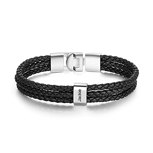 Lam Hub Fong Personalisierte Herren Armband mit 1-4 Namen Gravur Geflochtenes Lederarmband Silber Armband Freund Vater Sohn Geschenk für Jubiläum Valentinstag Vatertag (1 Namen) von Lam Hub Fong