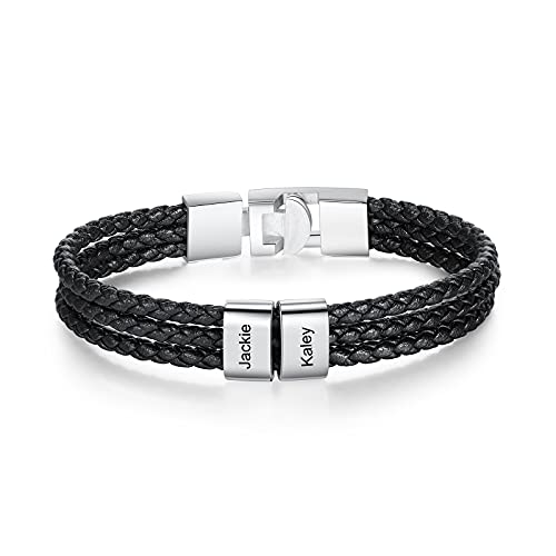 Lam Hub Fong Personalisierte Herren Armband mit 1-4 Namen Gravur Geflochtenes Lederarmband Silber Armband Freund Vater Sohn Geschenk für Jubiläum Valentinstag Vatertag (2 Namen) von Lam Hub Fong