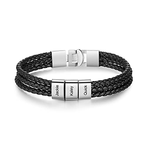 Lam Hub Fong Personalisierte Herren Armband mit 1-4 Namen Gravur Geflochtenes Lederarmband Silber Armband Freund Vater Sohn Geschenk für Jubiläum Valentinstag Vatertag (3 Namen) von Lam Hub Fong