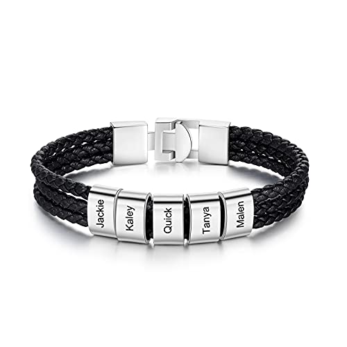Lam Hub Fong Personalisierte Herren Armband mit 1-4 Namen Gravur Geflochtenes Lederarmband Silber Armband Freund Vater Sohn Geschenk für Jubiläum Valentinstag Vatertag (5 Name) von Lam Hub Fong