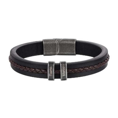 Lam Hub Fong Personalisierte Herren Armband mit 1-5 Namen Gravur Perlen Lederarmband Familie Freund Vater Sohn Geschenk für Jubiläum Valentinstag Vatertag (2 Names) von Lam Hub Fong