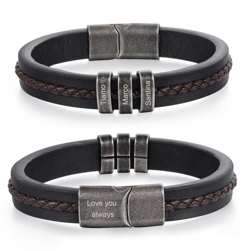 Lam Hub Fong Personalisierte Herrenarmbänder mit 1-5 Namen Retro-Lederarmbänder für Papa Ehemann Geschenke zum Vatertag Weihnachten Geburtstag (A-3 Namen) von Lam Hub Fong