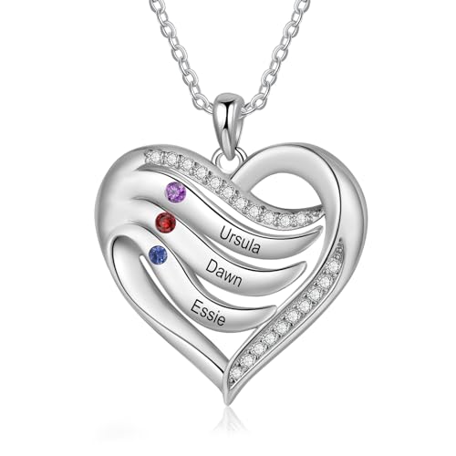 Lam Hub Fong Personalisierte Herz Halskette für Frauen 925 Sterling Silber Damen Geburtsstein Kette Geschenk für Mama, Frau, Freundin Geburtstag, Muttertag, Jahrestag von Lam Hub Fong