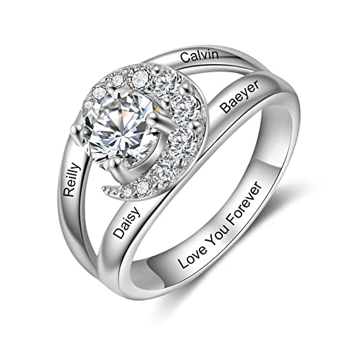 Lam Hub Fong Personalisierter Silber 925 Damen Ringe mit 2-4 Namen eingraviert Ringe mit 12 Geburtssteinen Versprechen Ringe Personalisierter Ringe für Sie (4stone8# von Lam Hub Fong