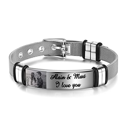 Lam Hub Fong Personalisiertes Armband für Männer Namen Gravur Foto & Text Herren ID Armband für Papa Ehemann Edelstahl Armbänder verstellbare Größe für Männer/Frauen/Liebhaber Schmuck für Männer（S von Lam Hub Fong