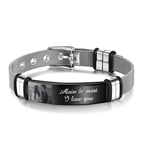 Lam Hub Fong Personalisiertes Armband für Männer Namen Gravur Foto & Text Herren ID Armband für Papa Ehemann Edelstahl Armbänder verstellbare Größe für Männer/Frauen/Liebhaber Schmuck für Männer（B von Lam Hub Fong