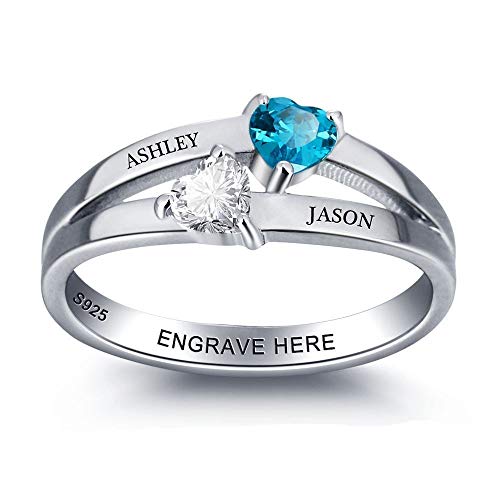 Lam Hub Fong personalisierte Sterling Silber Ring Damen 2 simuliert Herz Birthstones Ring mit gravierten Muttertag Geburtstagsgeschenk für Frauen (56 (17.8)) von Lam Hub Fong