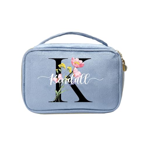 Personalisierte Damen Make-up Taschen Kosmetiktasche mit Namen Geburtstag Blume Kulturtasche Geschenk für Frau Mutter Tochter Frau BFF (Style 1-Blau) von Lam Hub Fong