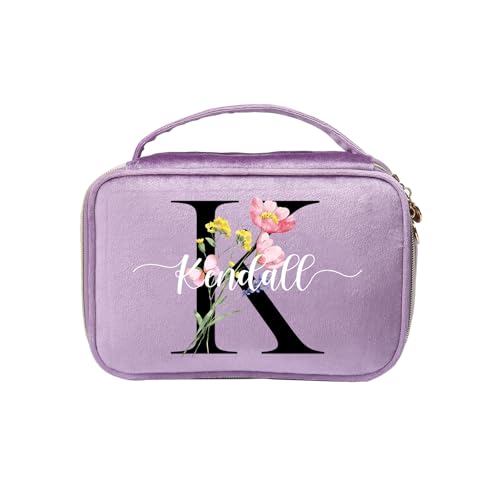Personalisierte Damen Make-up Taschen Kosmetiktasche mit Namen Geburtstag Blume Kulturtasche Geschenk für Frau Mutter Tochter Frau BFF (Style 1-Lila) von Lam Hub Fong