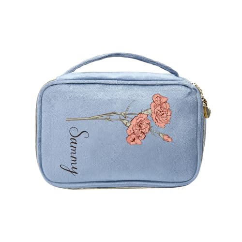 Personalisierte Damen Make-up Taschen Kosmetiktasche mit Namen Geburtstag Blume Kulturtasche Geschenk für Frau Mutter Tochter Frau BFF (Style 2-Blau) von Lam Hub Fong