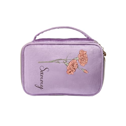 Personalisierte Damen Make-up Taschen Kosmetiktasche mit Namen Geburtstag Blume Kulturtasche Geschenk für Frau Mutter Tochter Frau BFF (Style 2-Lila) von Lam Hub Fong