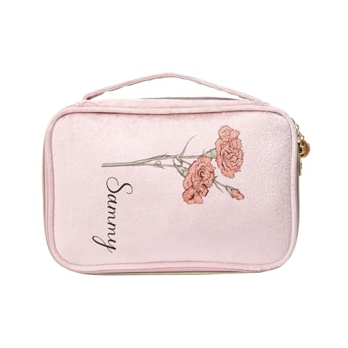 Personalisierte Damen Make-up Taschen Kosmetiktasche mit Namen Geburtstag Blume Kulturtasche Geschenk für Frau Mutter Tochter Frau BFF (Style 2-Rosa) von Lam Hub Fong