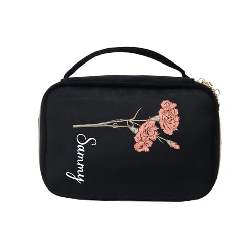 Personalisierte Damen Make-up Taschen Kosmetiktasche mit Namen Geburtstag Blume Kulturtasche Geschenk für Frau Mutter Tochter Frau BFF (Style 2-Schwarz) von Lam Hub Fong