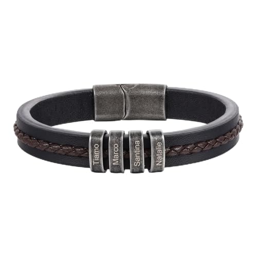 Lam Hub Fong Personalisierte Herren Armband mit 1-5 Namen Gravur Perlen Lederarmband Familie Freund Vater Sohn Geschenk für Jubiläum Valentinstag Vatertag (4 Names) von Lam Hub Fong