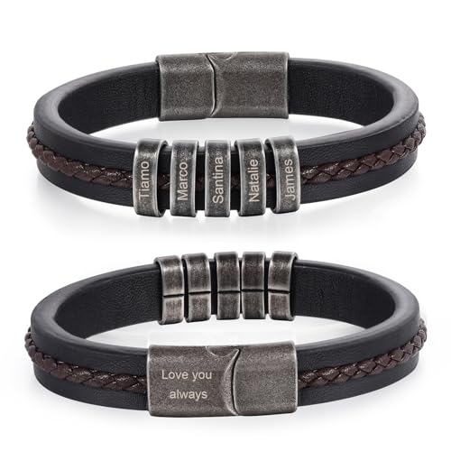 Lam Hub Fong Personalisierte Herren Armband mit 1-5 Namen Gravur Perlen Lederarmband Familie Freund Vater Sohn Geschenk für Jubiläum Valentinstag Vatertag (5 Names) von Lam Hub Fong