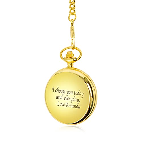 Lam Hub Fong Personalisierte Taschenuhr mit Text Gravur Vintage Glatt Golden Taschenuhren mit Kette Klassische für Herren Abschluss Geschenk Zum Geburtstag Jubiläumstag Vatertag von Lam Hub Fong