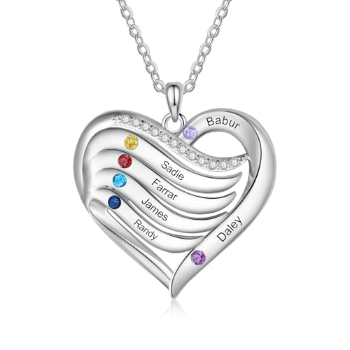 Personalisierter Damen Halskette 925 Silber Herz Anhänger mit Gravur 2-3 Namen Simulierte Birthstone Kundenspezifische Halskette Tochter Mutter Geschenk für Muttertag Valentinstag (#6 namen) von Lam Hub Fong