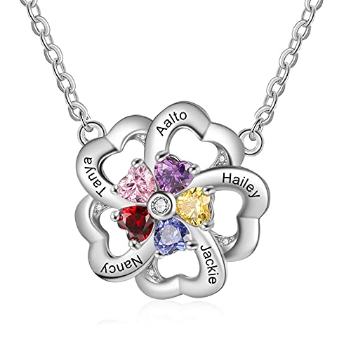 Personalisierter Name Halskette Herz Silber Anhänger mit Gravur 2-5 Namen Simulierte Birthstone Kundenspezifische Halskette Tochter Damenkette Geschenk für Muttertag Valentinstag (5 Name) von Lam Hub Fong